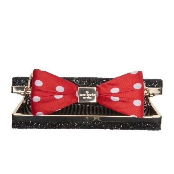 Kate Spade Womens Black Glitter Minnie Mouse Polka Dot Bow Clasp clutch Bag New - Picture 12 of 15